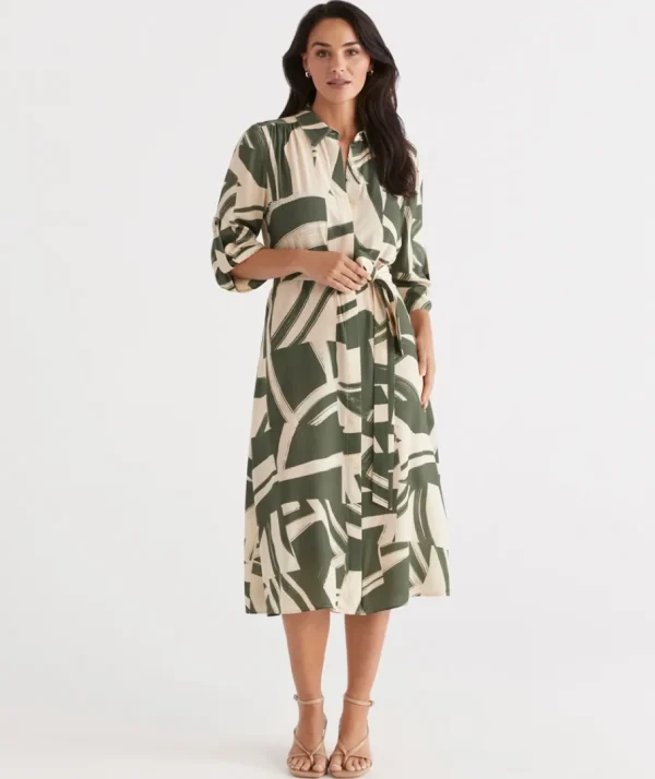 Abstract Print Midi Shirt Dress-Sussan New