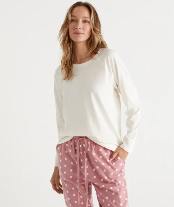 Australian Cotton Contrast Trim Pyjama Long Sleeve Top-Sussan Fashion