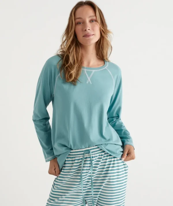 Australian Cotton Contrast Trim Pyjama Long Sleeve Top-Sussan Fashion