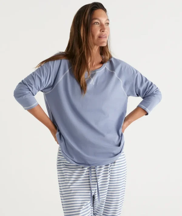 Australian Cotton Contrast Trim Pyjama Long Sleeve Top-Sussan Discount