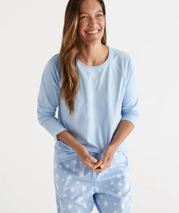 Australian Cotton Contrast Trim Pyjama Long Sleeve Top-Sussan Discount