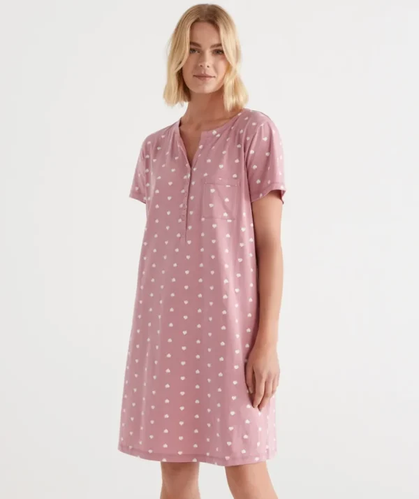 Australian Cotton Heart Print Henley Nightie-Sussan Cheap