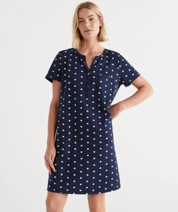 Australian Cotton Heart Print Henley Nightie-Sussan Cheap