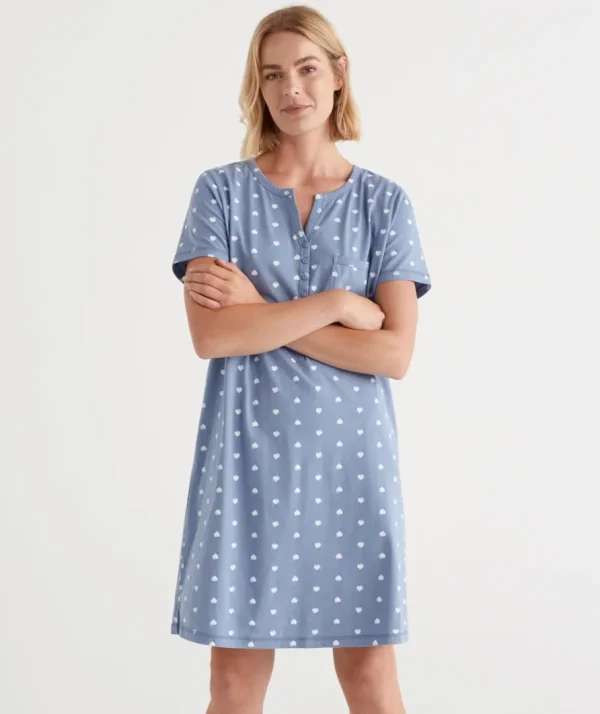 Australian Cotton Heart Print Henley Nightie-Sussan Cheap