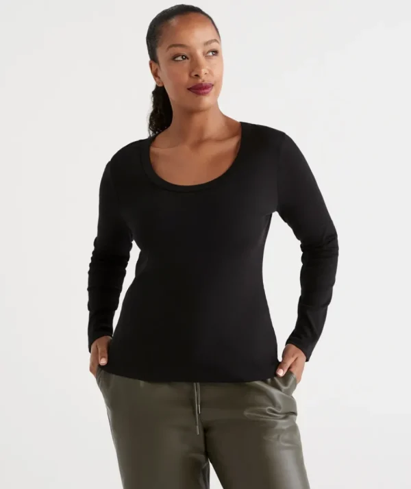 Australian Cotton Long Sleeve Rib Scoop Top-Sussan Cheap