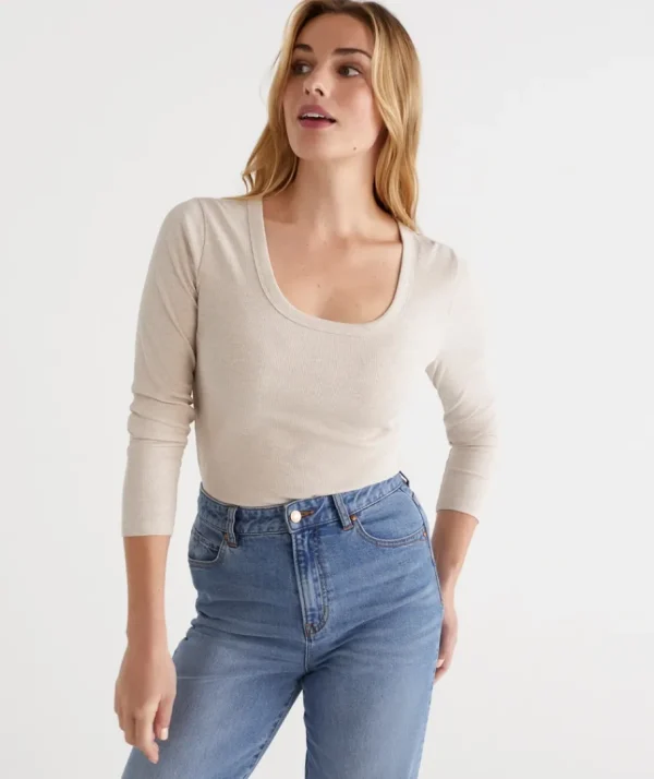 Australian Cotton Long Sleeve Rib Scoop Top-Sussan Hot