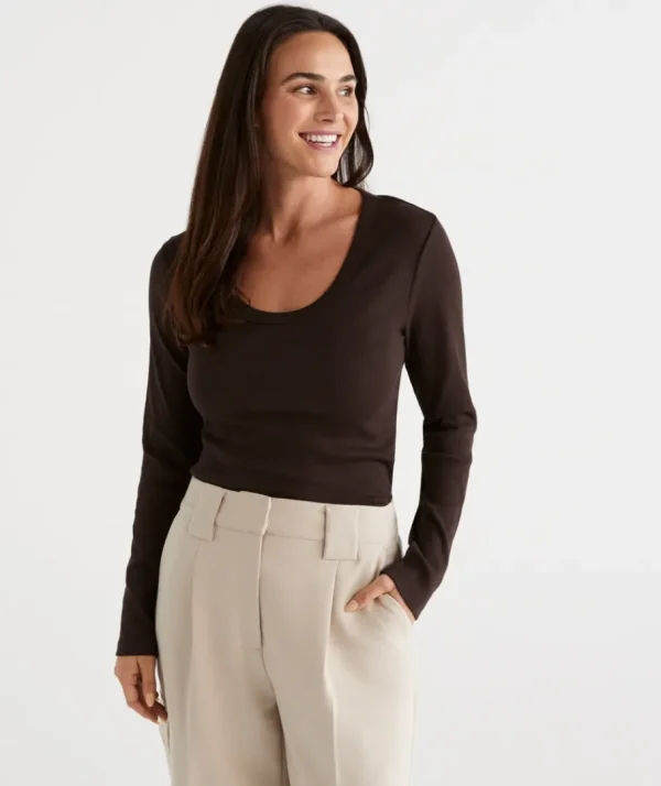 Australian Cotton Long Sleeve Rib Scoop Top-Sussan Hot