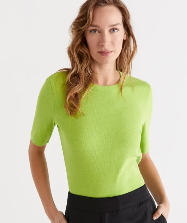 Australian Cotton Rib Elbow Sleeve Top-Sussan Hot