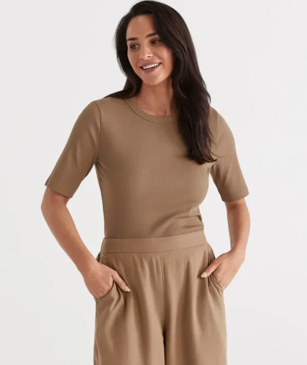 Australian Cotton Rib Elbow Sleeve Top-Sussan Shop