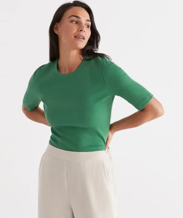 Australian Cotton Rib Elbow Sleeve Top-Sussan Hot