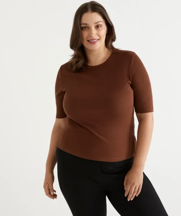 Australian Cotton Rib Elbow Sleeve Top-Sussan Shop