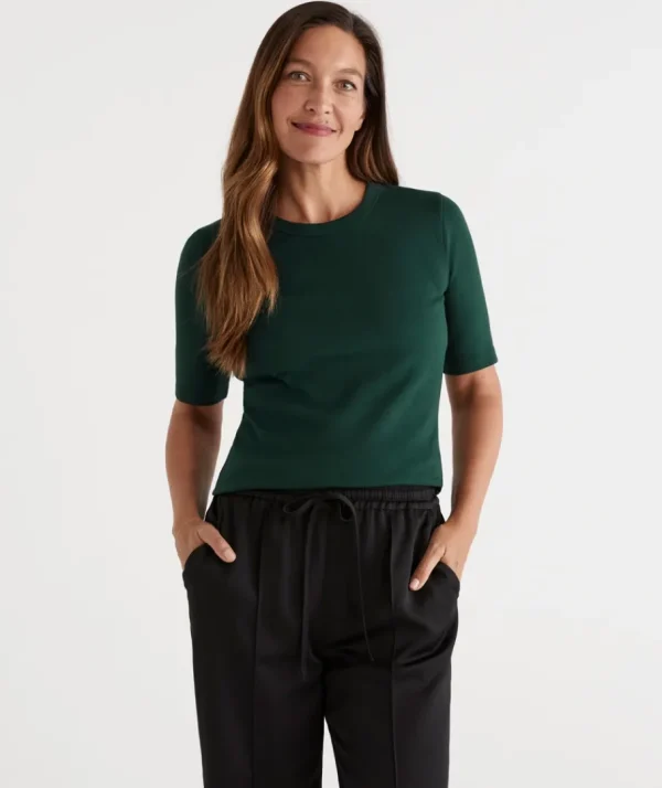 Australian Cotton Rib Elbow Sleeve Top-Sussan Shop