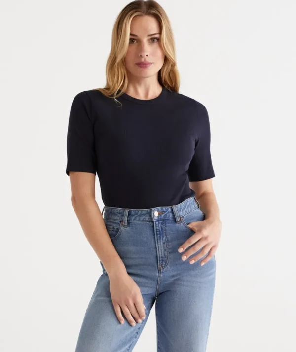 Australian Cotton Rib Elbow Sleeve Top-Sussan Shop