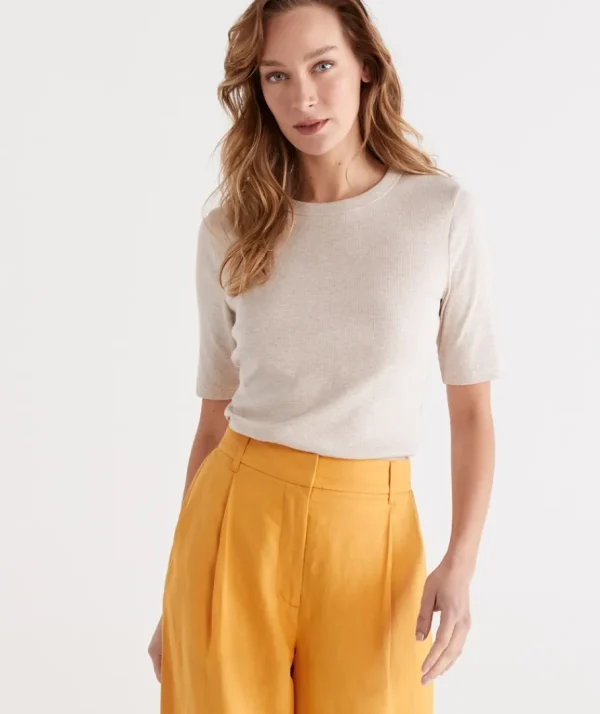 Australian Cotton Rib Elbow Sleeve Top-Sussan Online