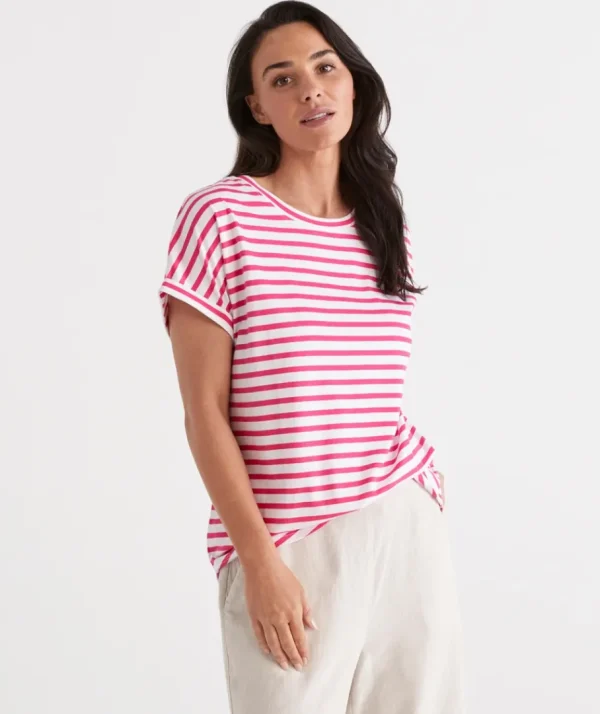 Australian Cotton Stripe Extended Roll Cuff Tee-Sussan Shop