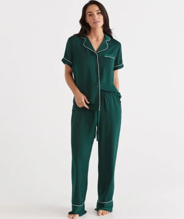 Contrast Longline Satin Pyjama Set-Sussan Store