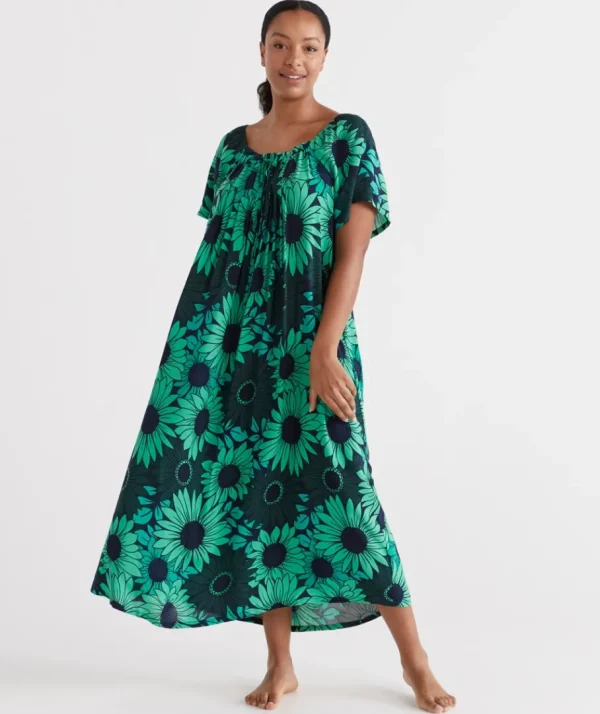 Gathered Longline Green Floral Nightie-Sussan Cheap