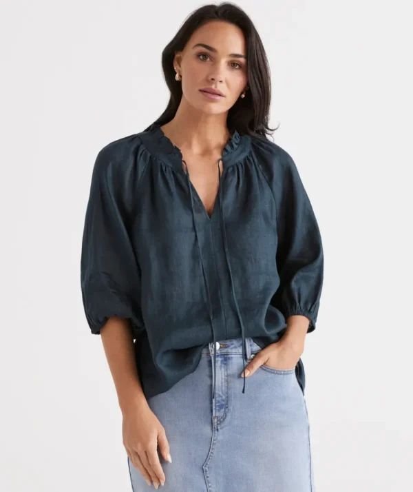 Linen Notch Neck Blouse-Sussan Cheap