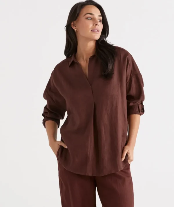 Linen Tab Sleeve Popover Shirt-Sussan Best Sale