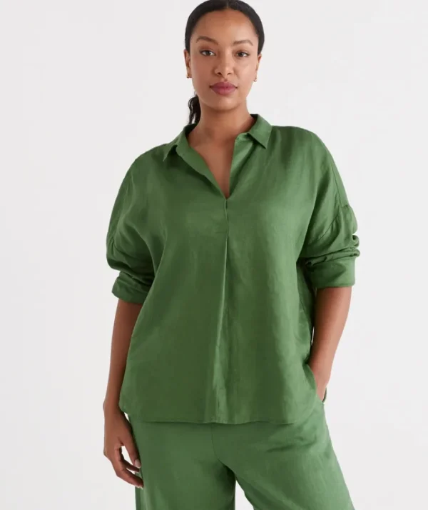 Linen Tab Sleeve Popover Shirt-Sussan Cheap