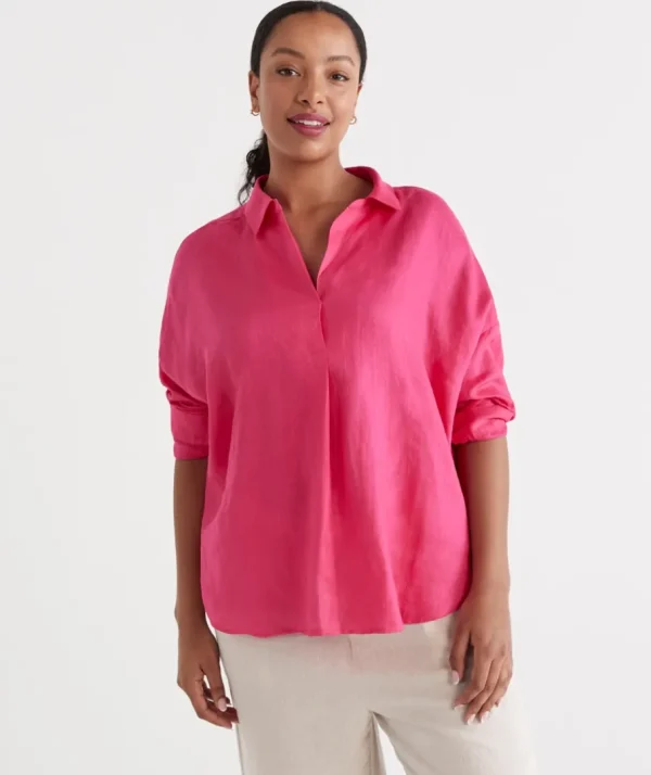 Linen Tab Sleeve Popover Shirt-Sussan Cheap