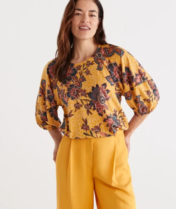 Print Raglan Puff Sleeve Top-Sussan Clearance