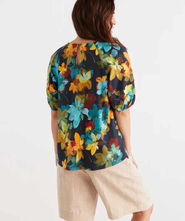 Print Raglan Puff Sleeve Top-Sussan Hot