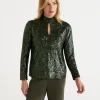 Sequin Keyhole Long Sleeve Top-Sussan Clearance