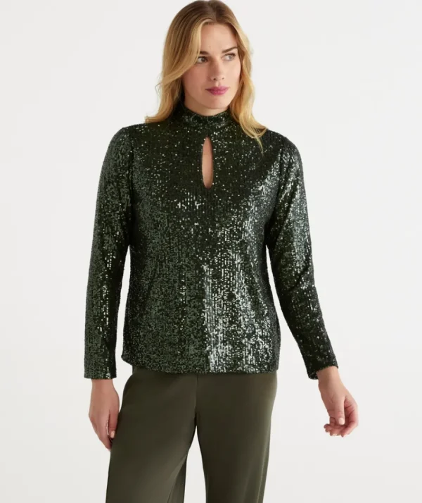 Sequin Keyhole Long Sleeve Top-Sussan Clearance