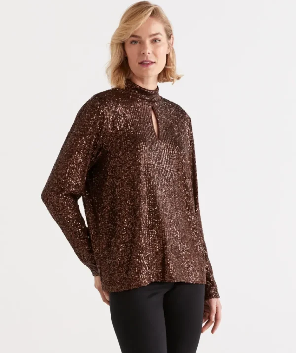 Sequin Keyhole Long Sleeve Top-Sussan Clearance