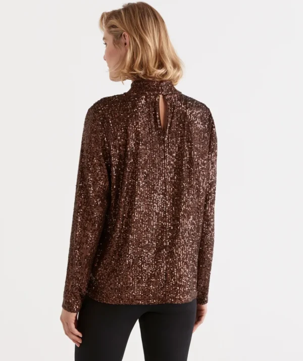 Sequin Keyhole Long Sleeve Top-Sussan Clearance