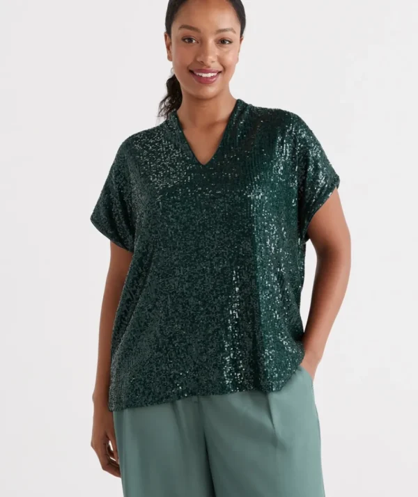 Sequin V Neck Top-Sussan Cheap