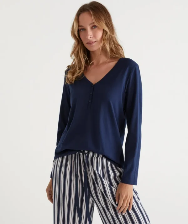 Soft V Neck Henley Pyjama Top-Sussan Store