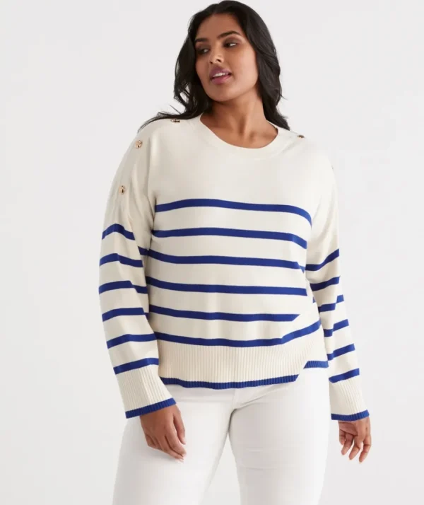 Stripe Button Shoulder Pullover-Sussan Hot