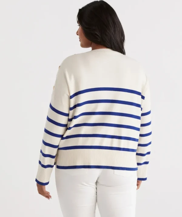 Stripe Button Shoulder Pullover-Sussan Hot