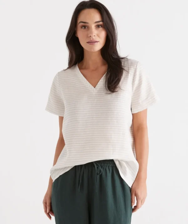 Stripe Linen V-Neck Lounge Top-Sussan Cheap