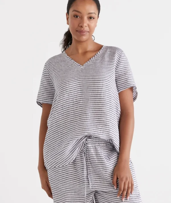 Stripe Linen V-Neck Lounge Top-Sussan Cheap