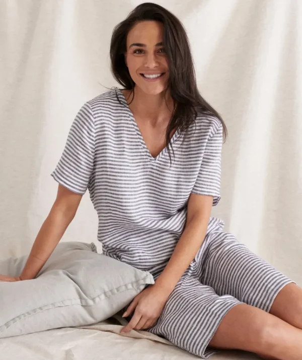 Stripe Linen V-Neck Lounge Top-Sussan Cheap