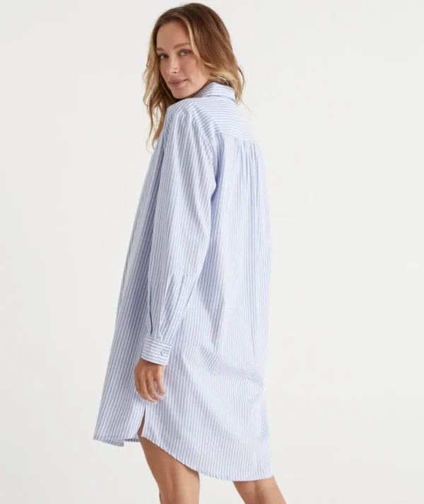 Ticking Stripe Cotton Twill Night Shirt-Sussan Fashion